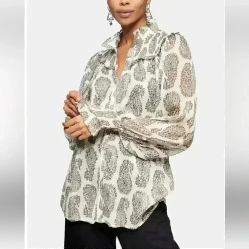 New Topshop Womens Paisley Print Chiffon Long Sleeve Sheer Blouse Top shirt sz 6